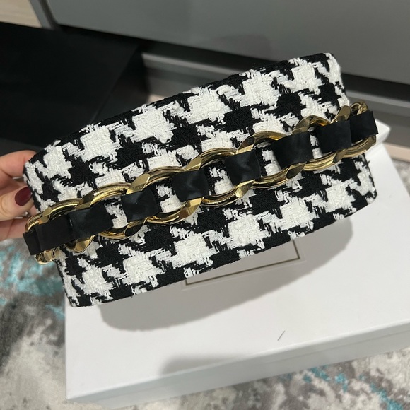 BALMAIN WOMENS BELT tweed and leather with gold chain details size 34 - Picture 2 of 8